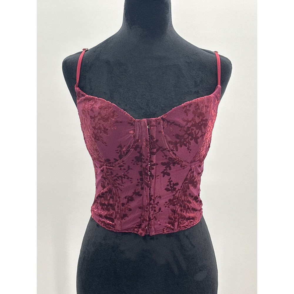 Lulus Burgundy Velvet Burnout Floral Corset Top Hook and Eye Bustier Medium